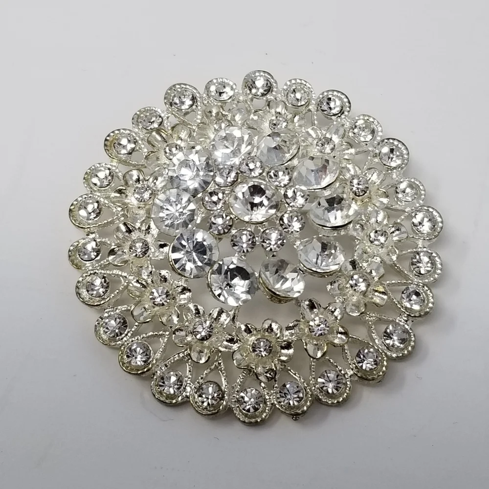 Large Clear Rhinestone Brooch Tiered Silver Tone Round 3D Flower Pin Teardrop